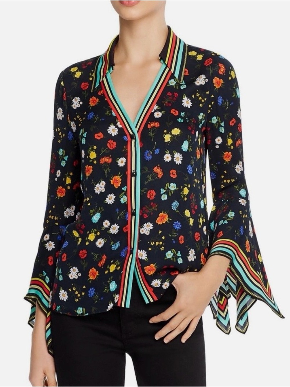 ALICE + OLIVIA RANDA SILK FLORAL BLOUSE Medium